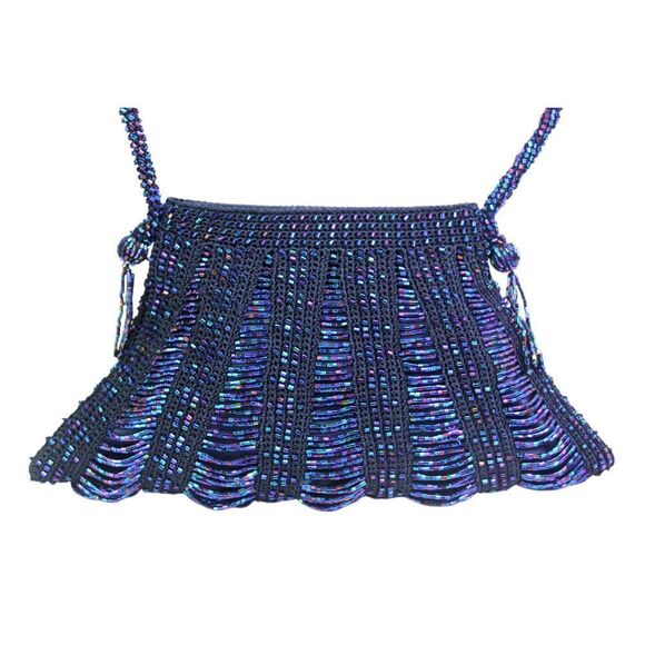 VTG HANDCRAFTED MULTICOLOR BLUE BEADED CANVAS X-BODY SHOULDER BAG HANDBAG PURSE - Picture 5 of 15